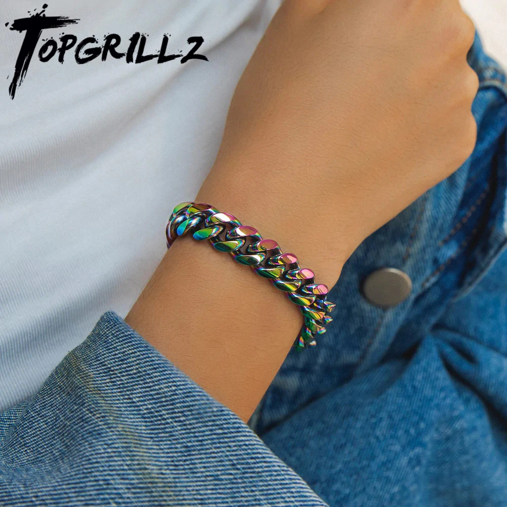 

TOPGRILLZ браслеты из нержавеющей стали 10 мм 14 мм кубинский браслет хип-хоп Рок модная цветная цепочка ювелирное изделие подарок для мужчин