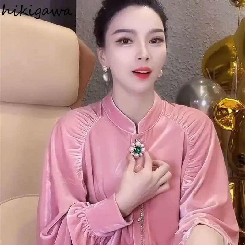 Корейские бархатные блузки Camisas De Mujer розовые для женщин темпераментные женские