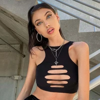 popular european and american summer 2022 slim sleeveless tops polyester fashion black hollow sexy knit vest womens clothing