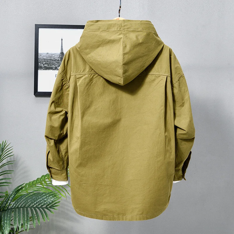 

2022 Autumn Winter New Men Rope Hooded Casual Solid Color Retro Windbreaker Jacket Cotton Loose Long-sleeved Top Workwear 3704