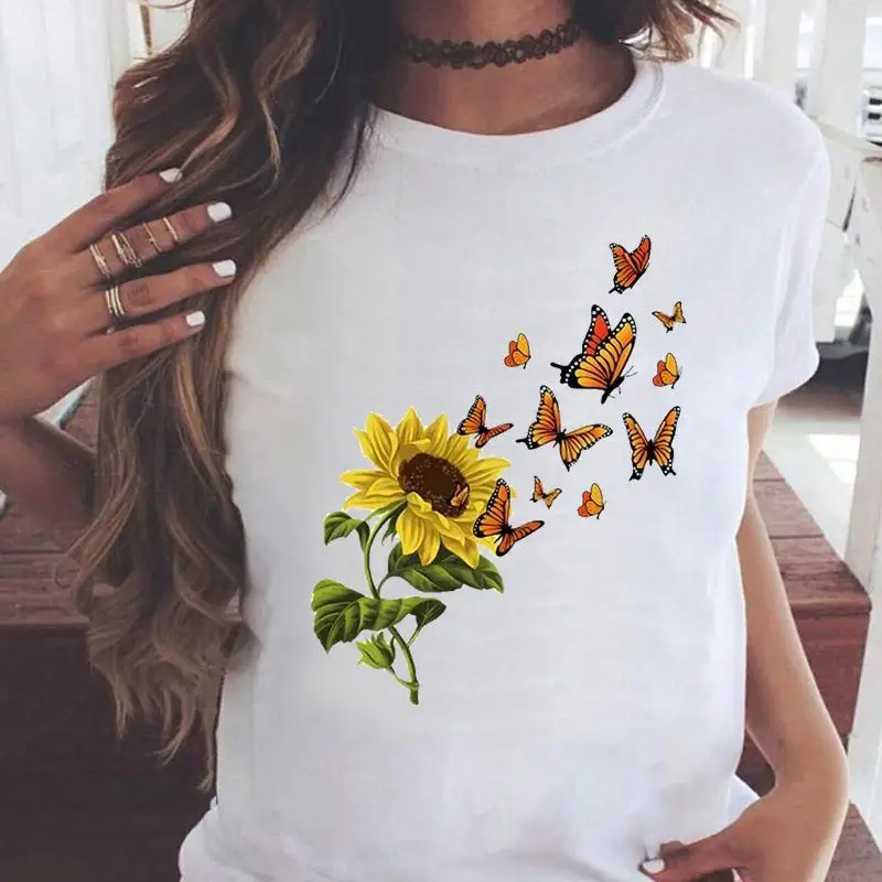 

Fashion Sunflower Butterfly New 90s Print T-shirts Women Cartoon Shirt Stylish Short Sleeve Graphic T Top Female Tee T-Shirt