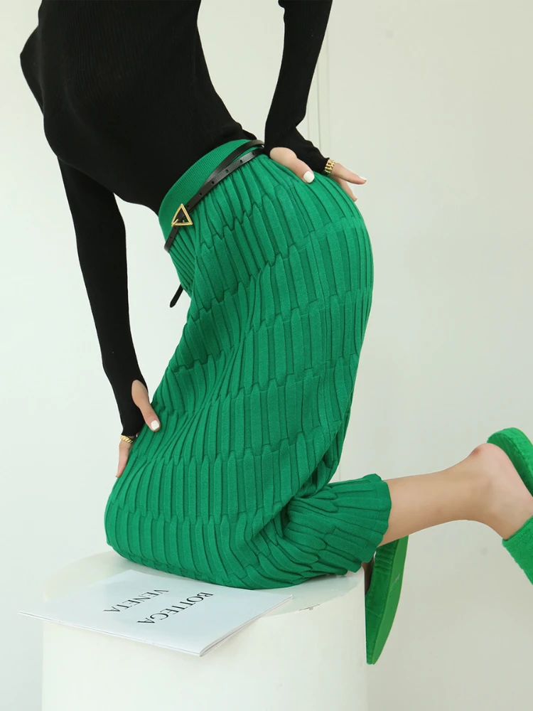 

Женская Длинная вязаная юбка-макси, повседневная однотонная плотная теплая зеленая юбка с высокой талией, женская уличная одежда, осень-зима 2023