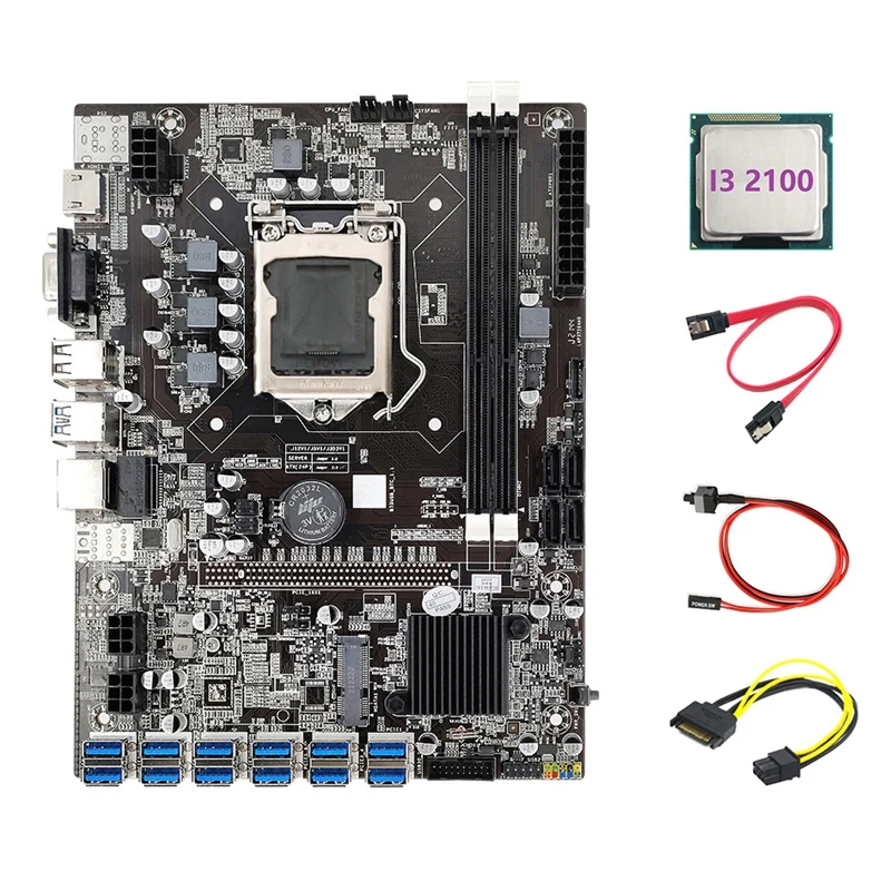 

Материнская плата B75 ETH Miner с 12 PCIE на USB + I3 2100 CPU + SATA кабель с 15pin на 6pin + кабель переключателя + кабель SATA Материнская плата