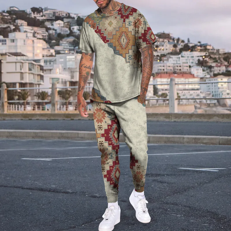 

Summer Men's Short Sleeve T Shirt Long Pants 2 Piece Sets Tracksuit Men printed Casual Trend Oversized Clothes Sportwear Suit