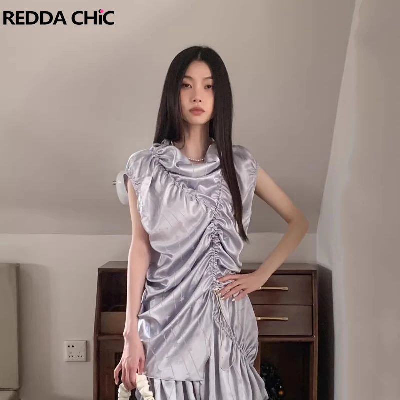 

REDDACHiC 90s Metallic Silver Women Y2k Top Drawstring Sleeveless T-shirt Summer New In Cyberpunk Party Prom Festival Outfit