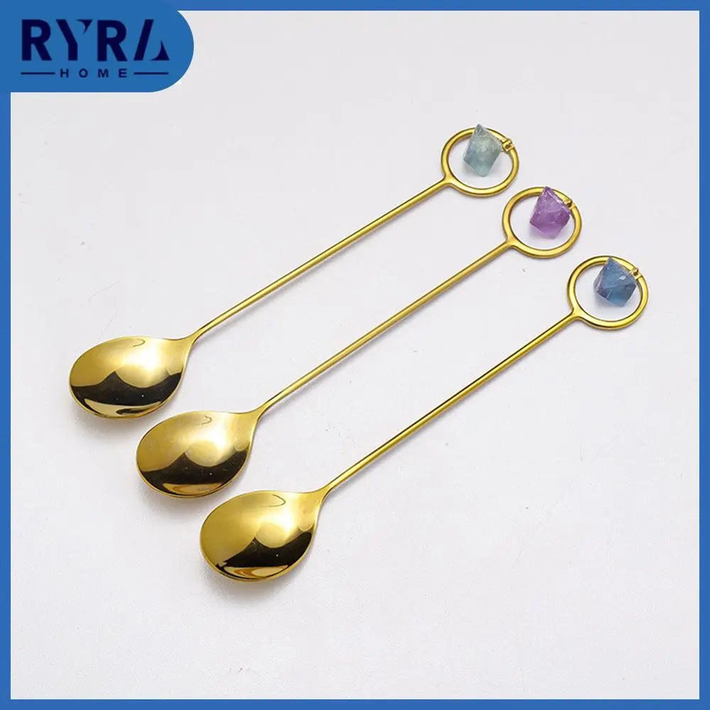

Blue Fluorite Fork Raw Stone Natural Coffee Spoon Water Droplet Type Stainless Steel Tableware Dessert Spoon Gold Crystal Spoon