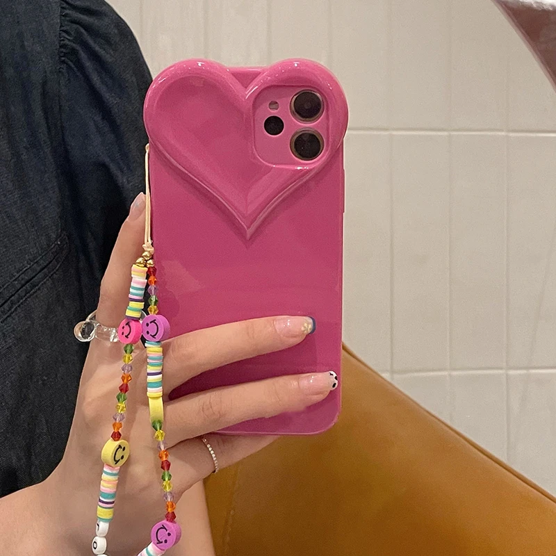 

INS Cute Love Heart Smiley Round Beads Phone with Chain Case For iPhone 11 12 Pro XS Max X XR 7 8 Plus SE 2020 Soft Back Cover