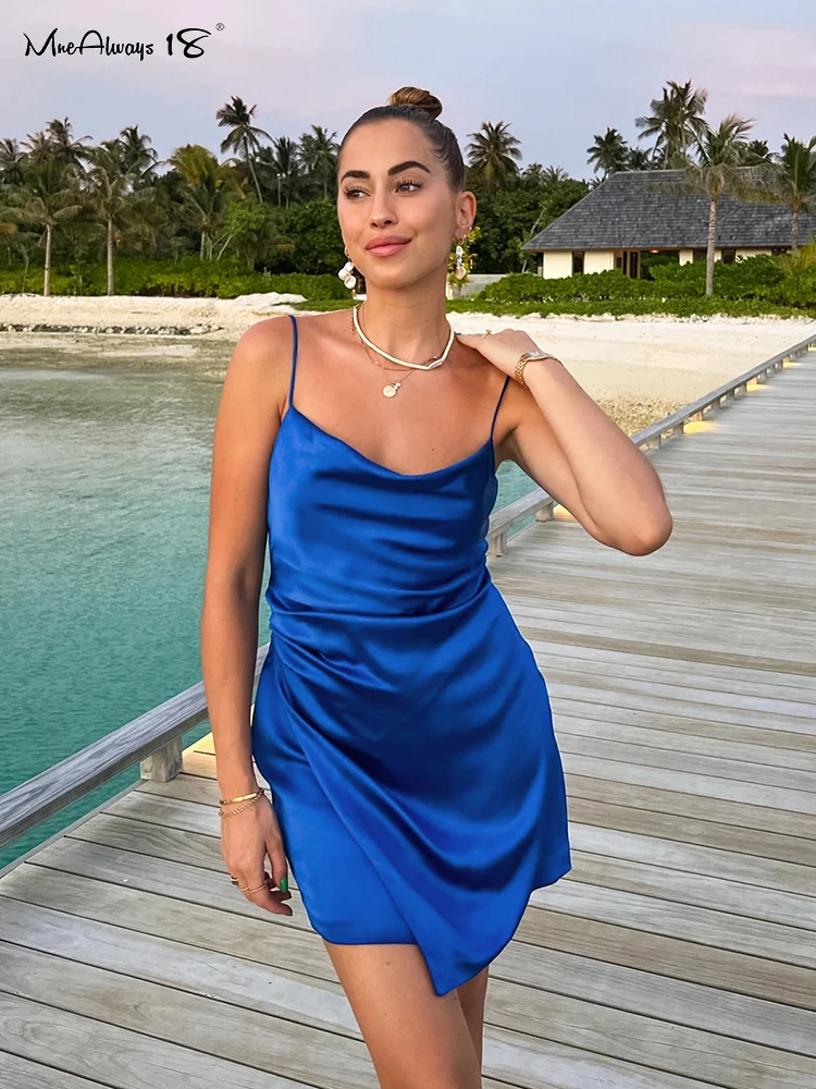 

Mnealways18 синее атласное платье на бретелях-спагетти, женское асимметричное ДРАПИРОВАННОЕ сексуальное платье, мини-платье для отпуска без рук...