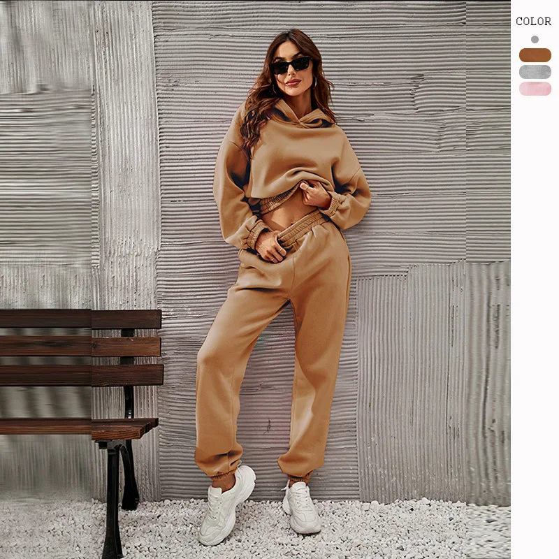 

Women's Casual Set Autumn Winter New Long Sleeved Crop Hooded Sweatshirt and Straight Trousers Comfortable Two-Pieces Sport Suit