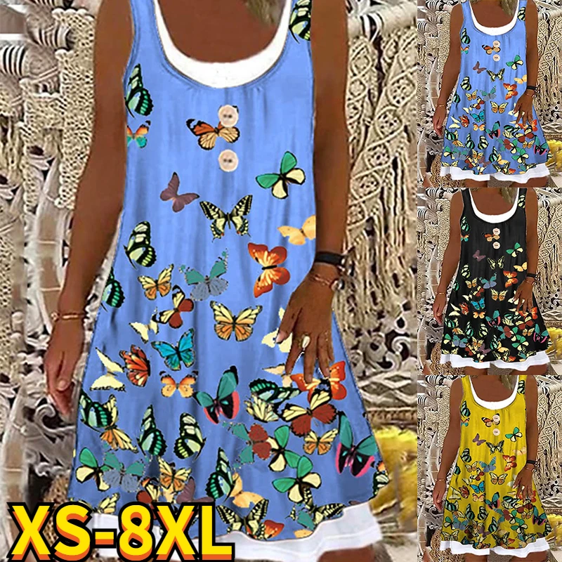 

2022 Summer Women's Butterflies Printed Painting Dress Fashion Round Neck Sleeveless Dress 3D Printed A Line Oversized Dress New