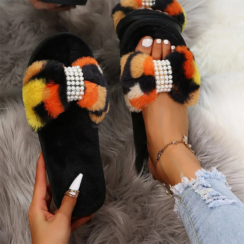 Женские домашние хлопковые тапочки, зимние женские домашние пушистые сланцы, модные плюшевые женские тапочки с жемчугом, модная Нескользящ...