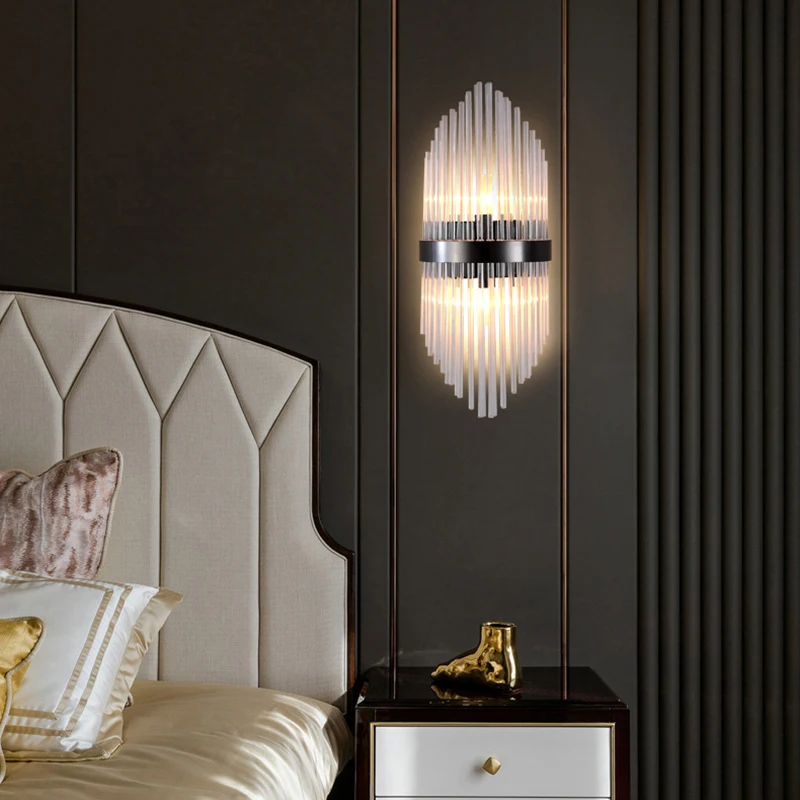 

Modern Simple Nordic Light Luxury Glass Rod Crystal Wall Lamp Bedroom Study Living Room Tv Background Wall Lamp