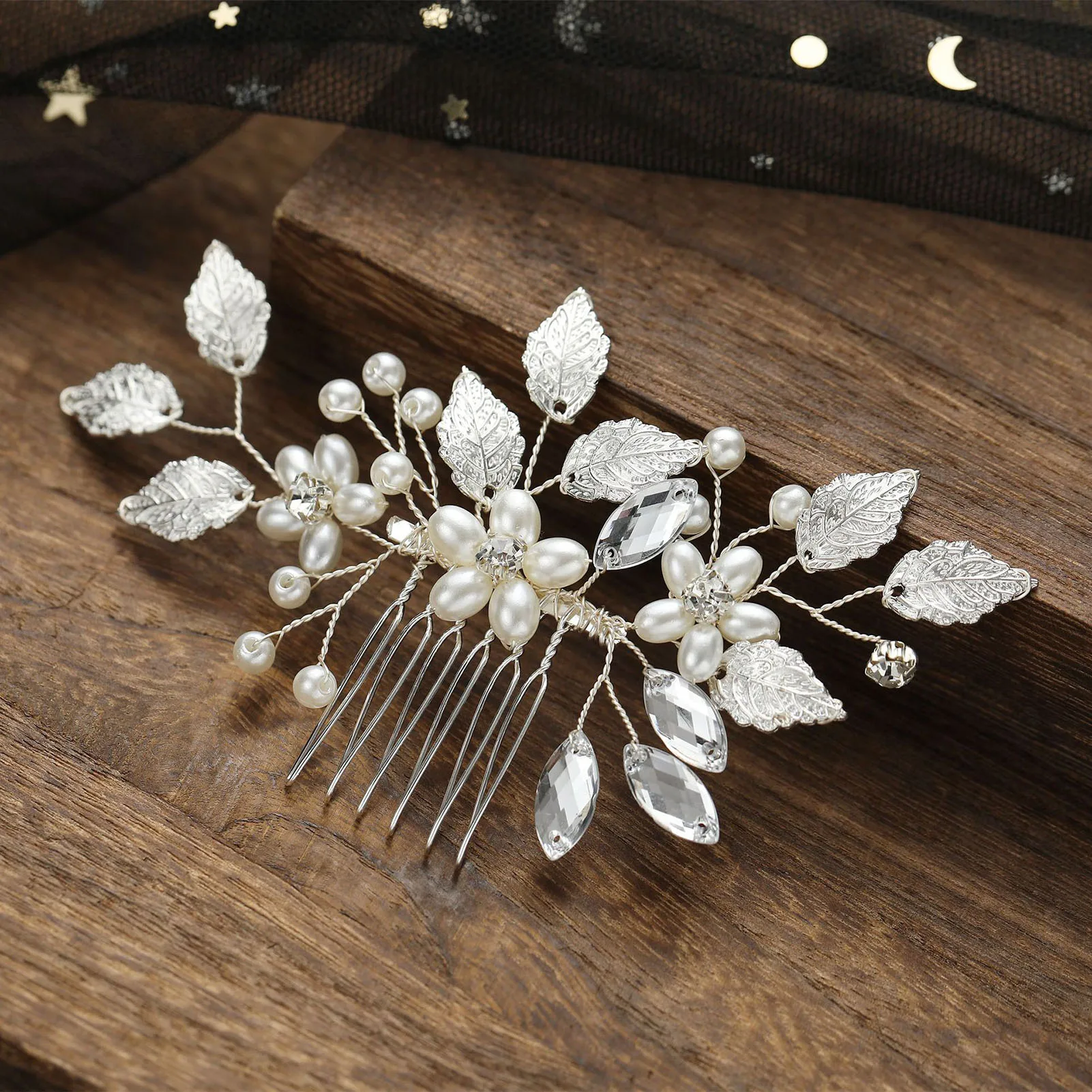 

Flower & Leaves Side Combs for Bride Beads & Rhinestone Beaded Hair Headpiece Hair Bun Pins Alloy Made for Girls Women FS99