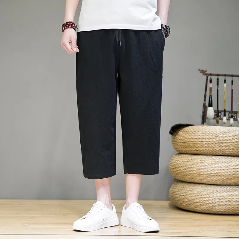 Лето 2023 новые мужские повседневные брюки длиной 7/2 свободные из хлопка и льна