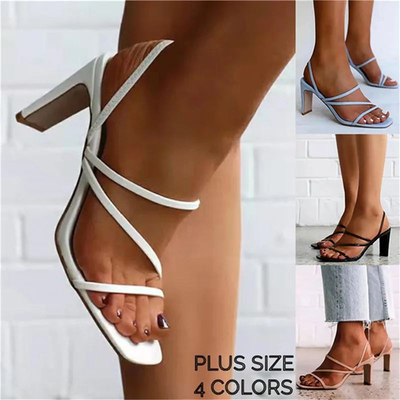 

Women Fashion Summer Sandals Block Heel Square Toe Narrow Band Women's Shoes Slip-on Sexy Female Slippers Plus Size