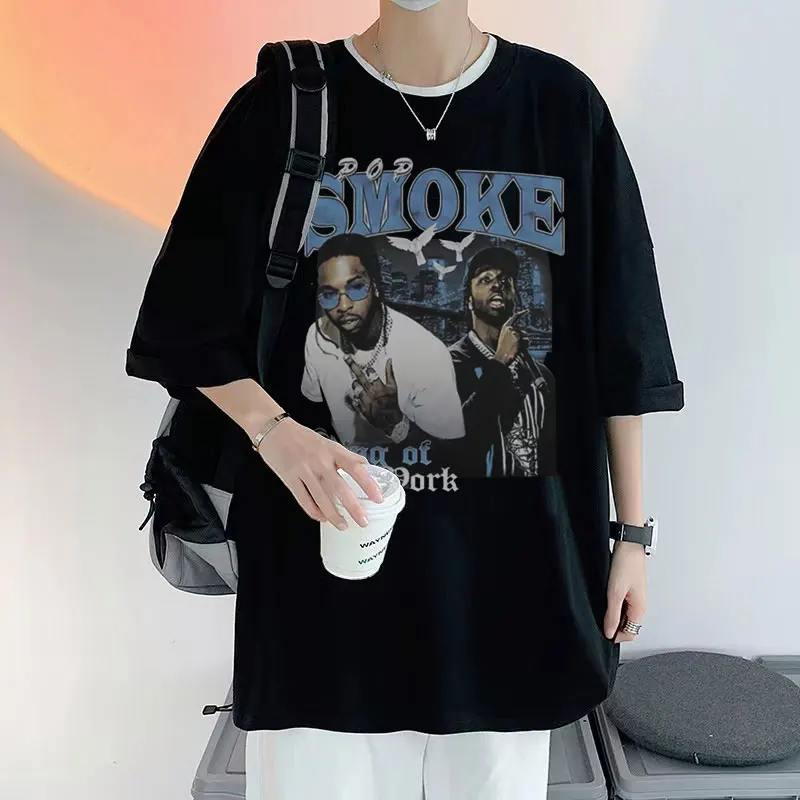 Rap Pop Smoke Graphic Print T-Shirt Fashion Man Rapper The Woo King Tshirt Black Cotton T Shirts Men Women Hip Hop Streetwear