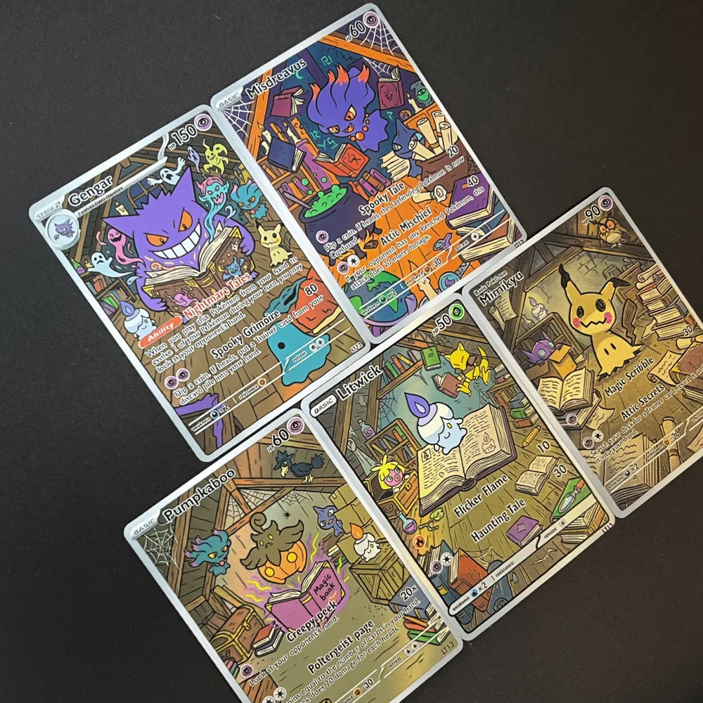 Фото 5 шт. голографических карт в стиле PTCG Pokemon: Gengar, Misdreavus, Pumpkaboo, Litwick, Mimikyu, подарочные карточки Pokemon, коллекционные флеш-карты Pokemon. №2