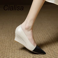 cialisa elegant pointed toe genuine leather woman shoes high wedges heels patchwork shallow pumps autumn new arrival size 40