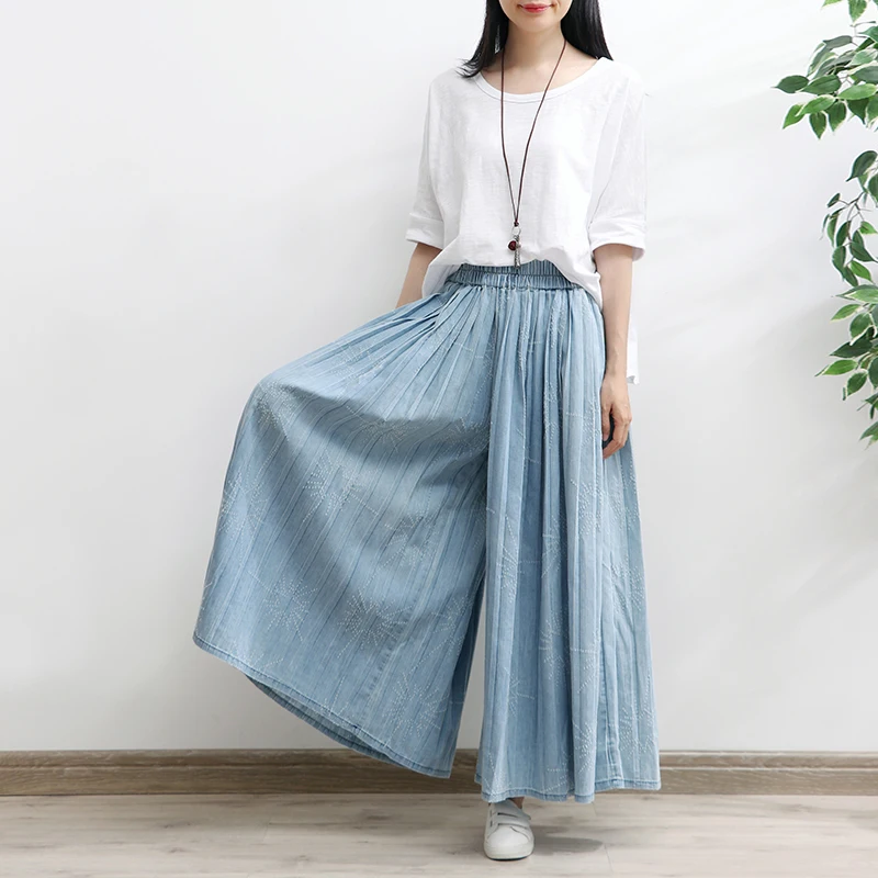 TIYIHAILEY Free Shipping Wide Leg Long Pants For Women Trousers Denim Jeans Elastic Waist Casual Pants With Pockets Pleated