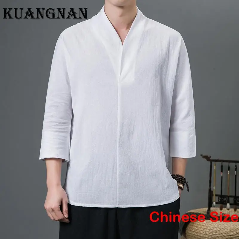

KUANGNAN Cotton Linen Blouse Mens T Shirts for Men Clothes Men's Luxury Clothing Harajuku Half T-shirt Sale 5XL 2023 Summer