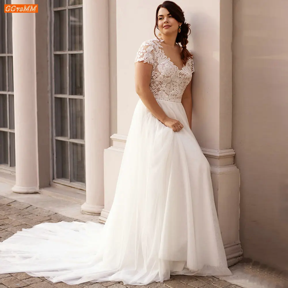 

Plus Size Short Sleeve Wedding Dresses For Bride 2023 O-Neck Trouwjurk Lace Appliques Tulle Robe De Mariée Princesse Button Back