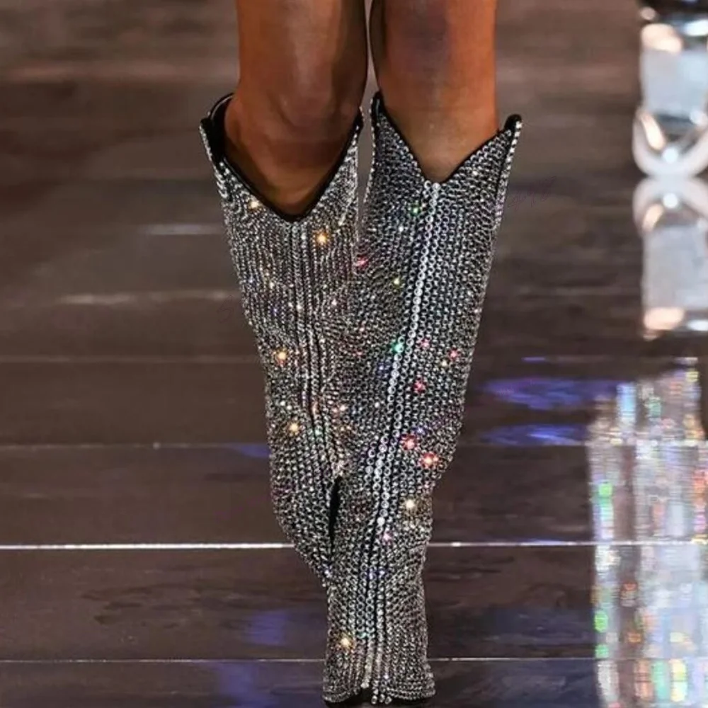 

Женские сапоги до колена с кристаллами, высокие рыцарские сапоги с острым носком, привлекательная Роскошная обувь на тонком высоком каблуке, 2023