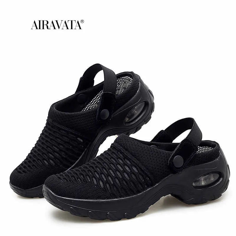 Women Sneaker Breathable Casual Sandals Height Increasing Air Cushion Rocking Shoes Buckle Round Toe Platform Single Shoes