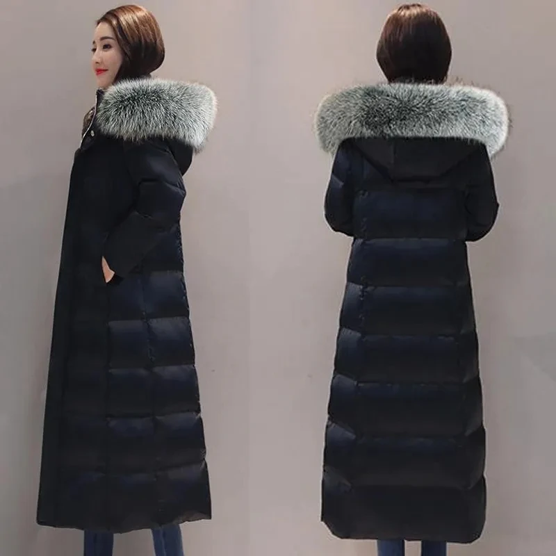 2023 New Down Padded Jacket Women's Mid-Length Slim-Fit Over Knee Long Hooded Large Hair Collar Thick Warm Winter Coat Female