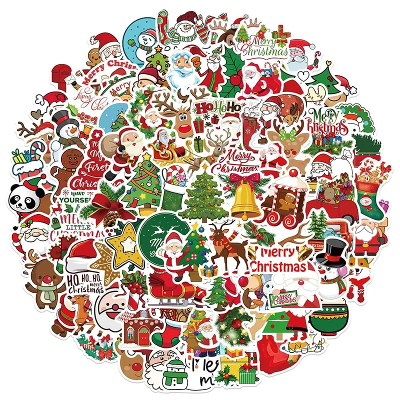 

New Year Merry Christmas Stickers Deer Santa Claus Snowman Children Gift Decal DIY for Skateboard Luggage Suitcase 100pcs