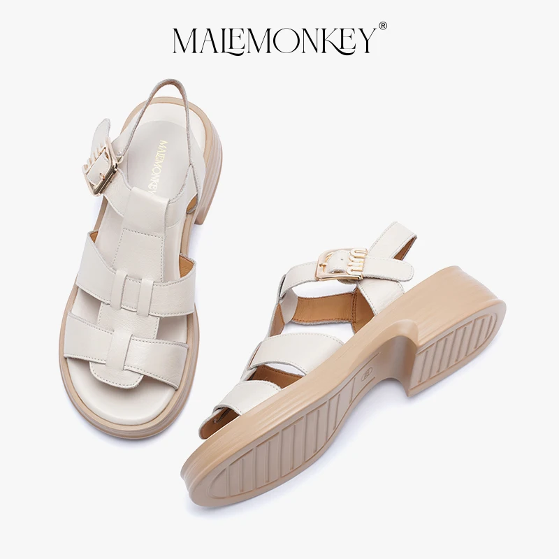 High Quality Platform Roman Sandals Women Leather 2023 Summer Retro Non-slip Sandals Round Toe Chunky Heel Female Shoes Handmade