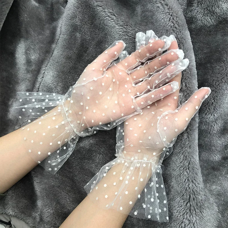Transparente Punkt Druck Handschuh Schwarz Weiß Mesh Tüll Handschuhe Frühling Sommer Kurze Spitzen Flecken Lotus Blatt Handschuhe