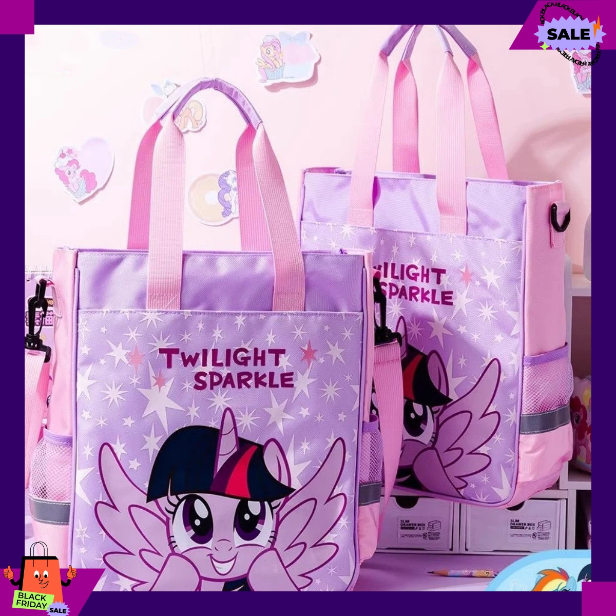 Фото Сумка для хранения My Little Pony с милым мультяшным рисунком для девочек, фиолетовая, большая вместимость, 35×29 см, портативная сумка-клатч, сумка для хранения косметики и инструментов для макияжа №1