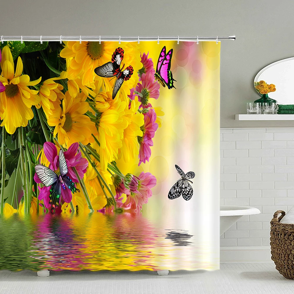 

Fresh Flowers Butterfly Shower Curtains Bathroom Curtain Frabic Waterproof Polyester Decoration Bath Curtains with Hooks
