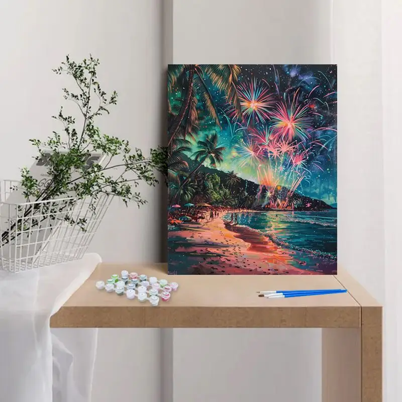 Картина маслом по номерам CHENISTORY пляжный фейерверк пейзаж акриловый рисунок на