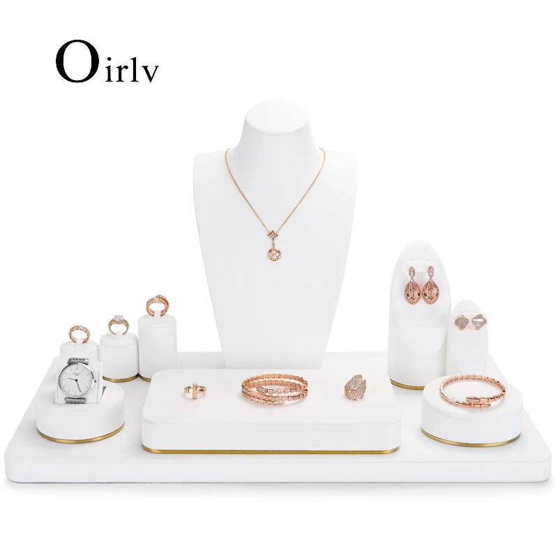 Oirlv White Resin&Microfiber Jewelry Display Set Shop Cabinet Display Props for Necklace Display Bust Watch Ring Earrings Bangle