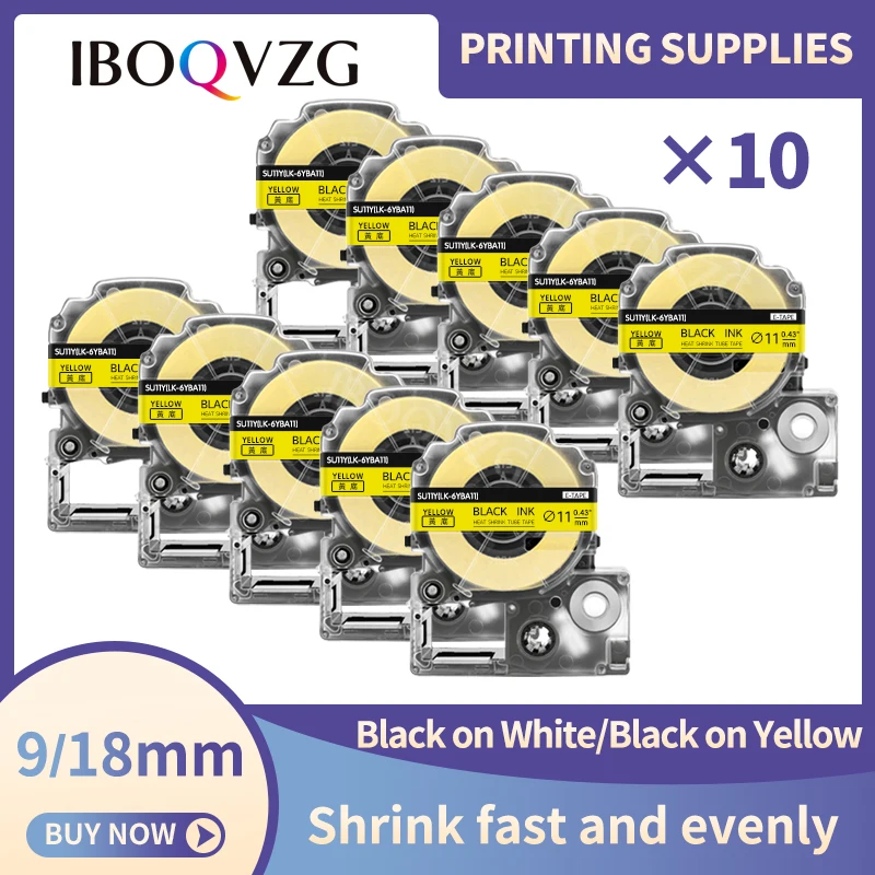 

10PK SU5S SU5Y SU11S SU11Y Heat Shrink Tubes Black on Yellow Tape Compatible for Epson/King Jim LA-4WBA5 LW-300 400 Label Maker