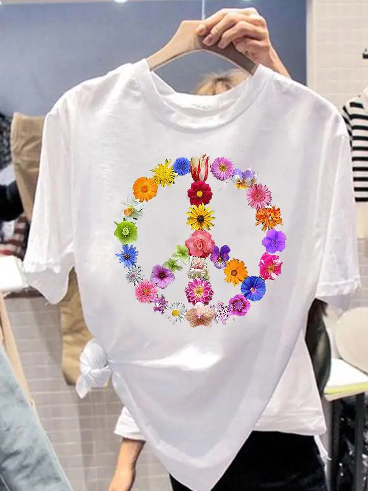 

Summer T Clothing Peace Flower Love 90s T-shirts Short Sleeve Women Print Fashion Casual Clothes Ladies Female Graphic Tee