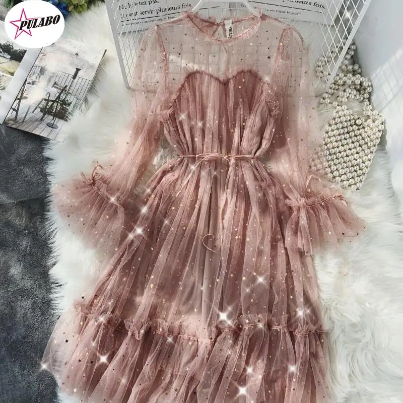 PULABO женское сетчатое блестящее платье со звездами и блестками элегантное