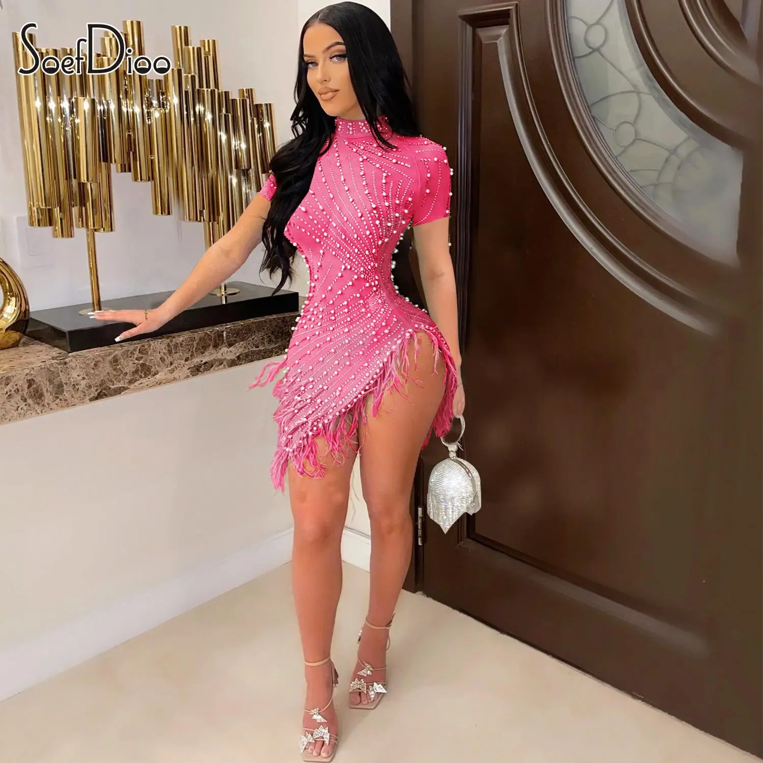 

Женское облегающее мини-платье Soefdioo, летнее Привлекательное платье с сеткой, лоскутным шитьем и неровным подолом с кисточками и коротким рукавом, 2023