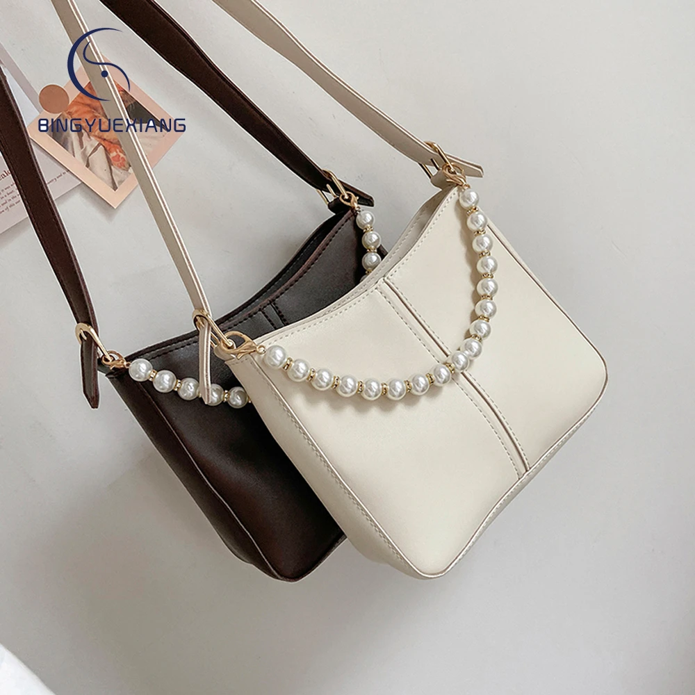 

Soild Color Designer High Quality Leather Women's Shoulder Bag New Beading Design Ladies Messenger Bags Travel Bags Bolso Mujer