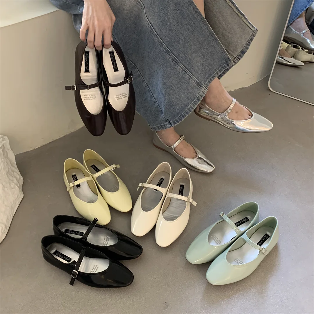 Korean Fashion Solid Narrow Band Flat Shoes Women Retro Silver Mary Jane Shoes Versatile French Ballet Shoes Shallow Women Shoes