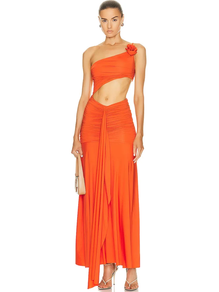 

Women Summer Luxury Sexy One Shoulder Ruched Cut Out Orange Maxi Long Gowns Celebrity Elegant Evening Party Club Dress