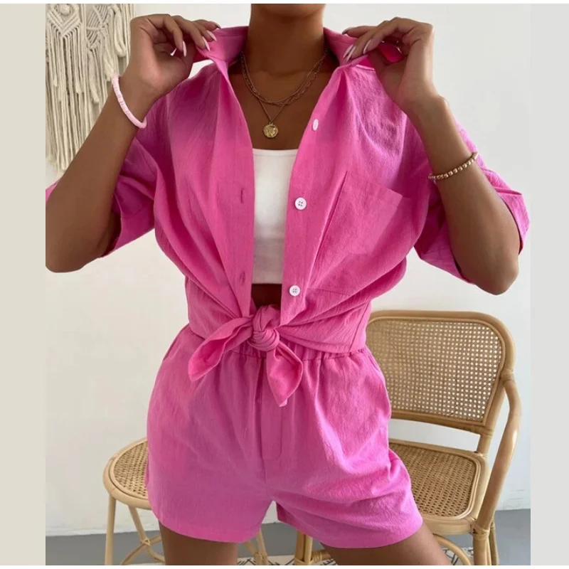 Long Sleeve Single-breasted Top + Broad-legged Shorts Set Fashion Ladies Sexy Solid Suits 2023 Summer 2 Piece Outfits for Women
