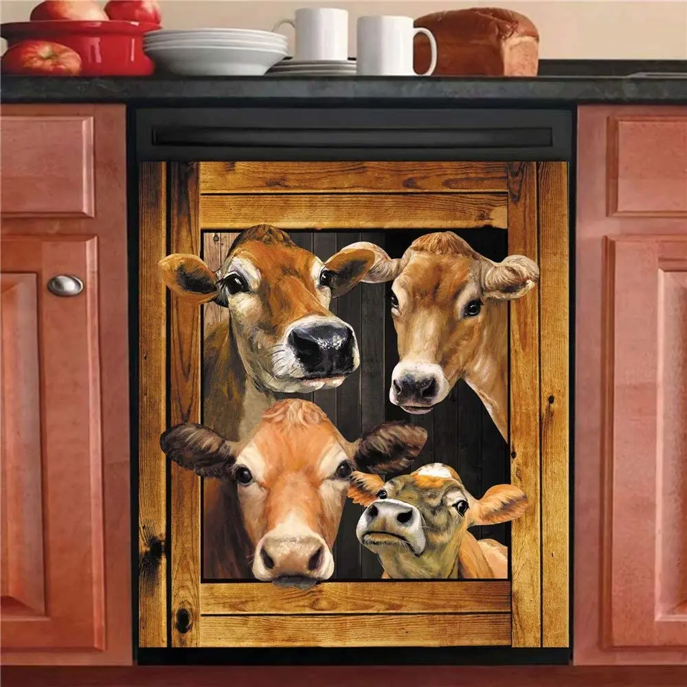 

Funny Kitchen Decor Cow Dishwasher Magnet Cover Farmhouse Cattle Magnetic Dish Washer Sticker Decorative Wallpaper Fridge Decals