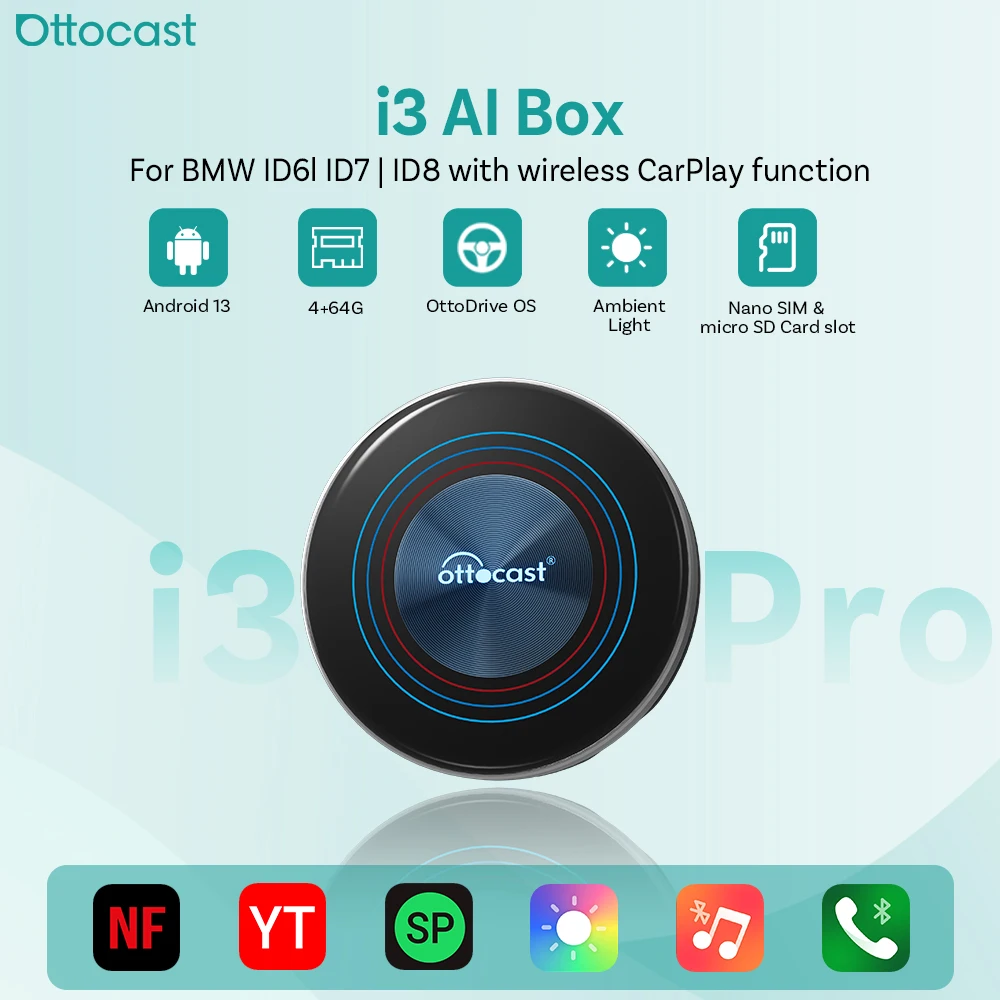 Фото OTTOCAST I3 AI Box Android 13 8+128 ГБ с беспроводным CarPlay и Android Auto, Netflix, YouTube, Play Store, совместим с OEM-устройствами с беспроводным CarPlay. №1
