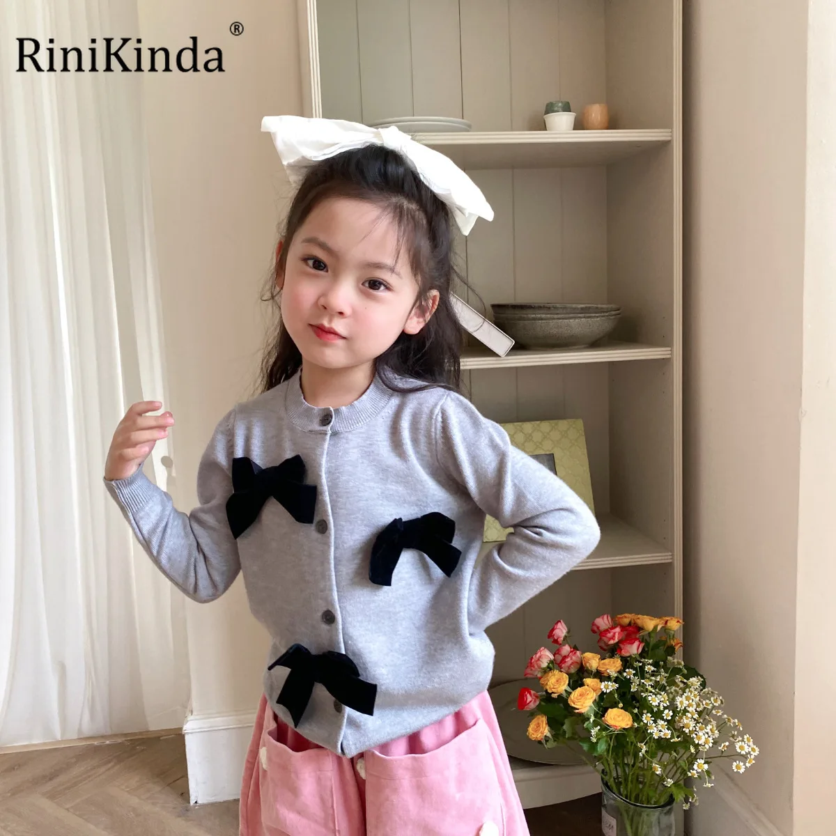 

RiniKinda 2022 Autumn Long Sleeve Knitwear Cardigan Sweater Brief Style Bows Baby Girls Cardigans Knitted Sweater