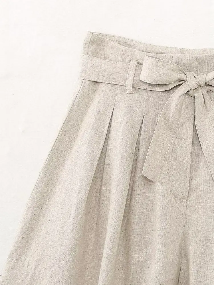 Withered Belted Ladies Loose Beige Lounge Shorts French Country Linen Bermuda Women