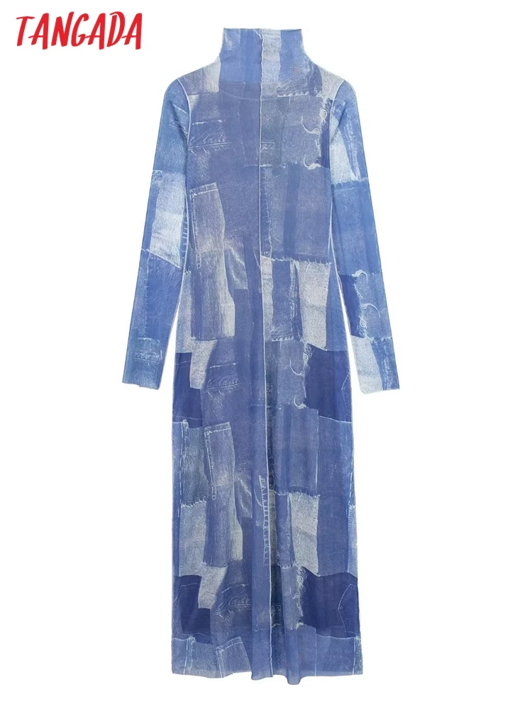 

Tangada Women 2022 With Lining Printed Mesh Long Dress Vintage Long Sleeve Female Pencil Dresses 3H681