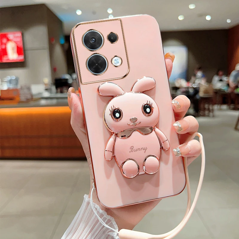 

Cute Cartoon Rabbit Fold Stand For OPPO Reno 8 5G Phone Case With Lanyard Luxury Plating Cover