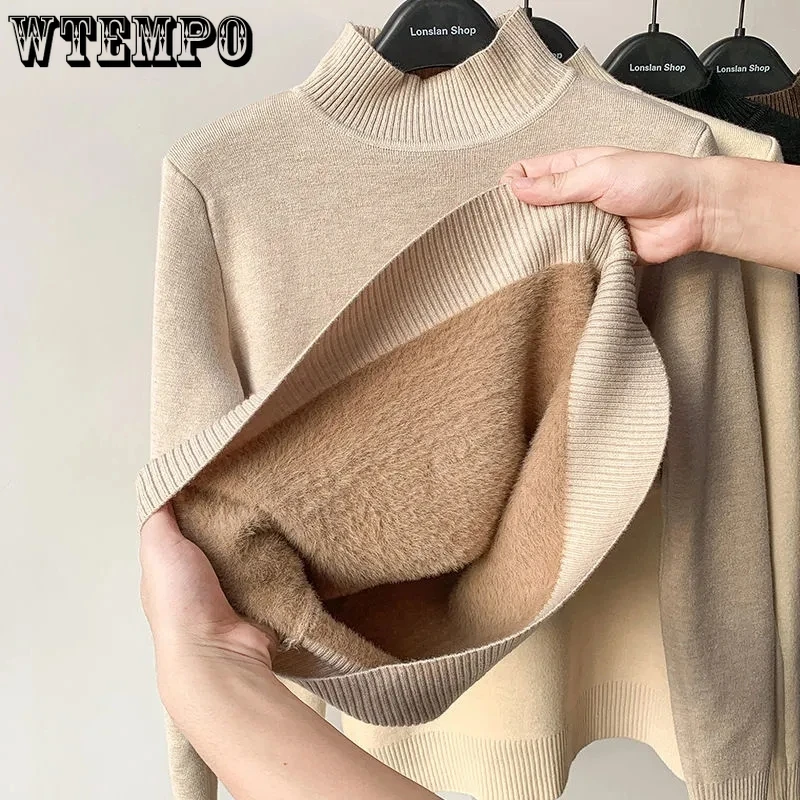 

Turtleneck Slim Thicken Plus Velvet Sweater Woman Winter Knitted Pullovers Casual Fleece Lined Warm Knitwear Tops Drop Shipping